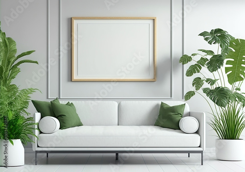 Mockup Wandbilderrahmen. Modernes Wohnzimmer mit einem weißen  Ledersofa und einer großen grünen Pflanze. Legen Sie Ihr eigenes Foto in den Fotorahmen, machen Sie das Bild einzigartig.