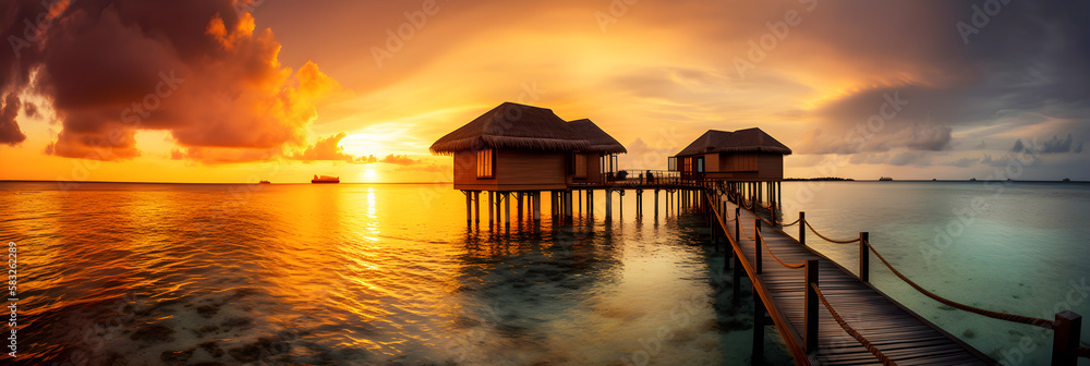 Banner of bungalows with boardwalk on a tropical sea at sunset. Illustrator ai generative