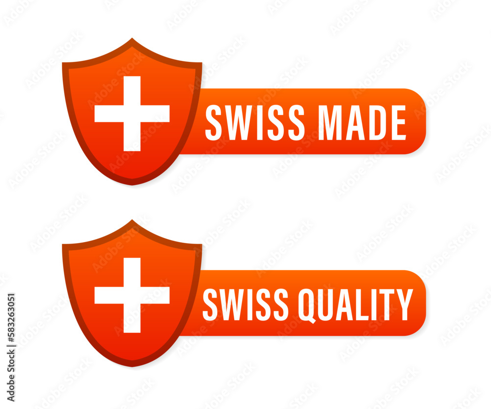 Swiss made seal logo. Swiss quality. Switzerland quality badge icon with Swiss flag. Made in Swiss. Badge with Swiss flag. Original premium quality seal icon. Vector illustration Swiss made seal logo. Swiss quality. Switzerland quality badge icon with Swiss flag. Made in Swiss. Badge with Swiss flag. Original premium quality seal icon. Vector illustration