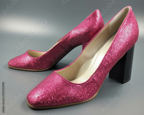 A pair of glittery magentacolored pumps with a low block heel. Trendy color of 2023 Viva Magenta.. AI generation. photo