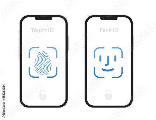 Face scanning process. Facial detection symbols. Face recognition. Biometric verification. Touch id and face id icon on mobile devices. Flat design style. Vector illustration