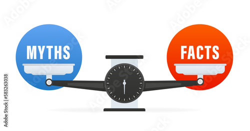 Myths vs facts Scales, Libra icon. Bowls of scales in balance. Concept of disinformation sign or truthful and untruthful daily news. Scale with decision like facts or myths. Vector illustration