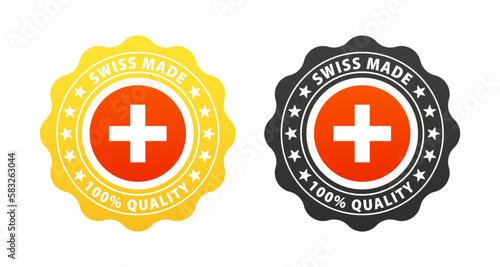 Swiss made seal logo. 100 percent premium Switzerland quality badge icon with Swiss flag. Made in Swiss vector stamp. badge with Swiss flag. Original premium quality seal icon. Vector illustration