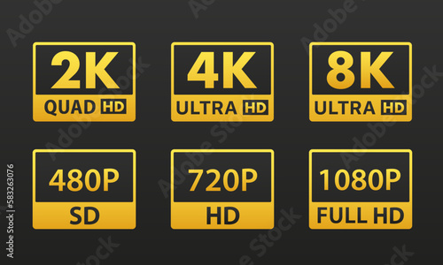8k Ultra Hd icon, 4k Ultra Hd, 2k quad Hd, Logo 480p SD, 720p HD, 1080p full HD, Resolution icon. Flat design on a black background. Vector illustration