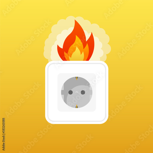 Fire protection wiring. The socket and the plug are on fire from overloading. The concept of electrical safety. Electric short circuit circuit. The electrical connection is broken. Vector illustration