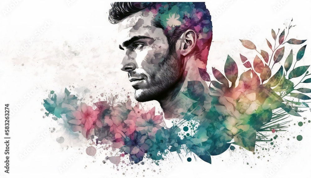 Man Surrounded by Blooming Flowers, isolated on white background - watercolor style illustration background by Generative Ai
