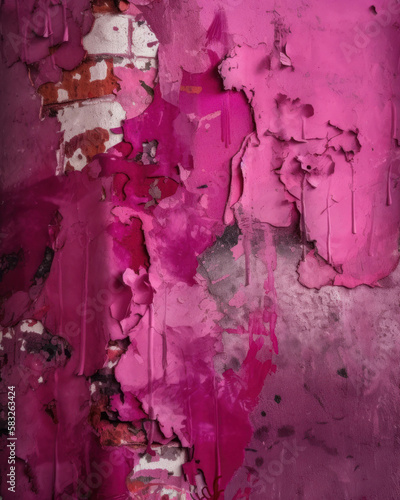 A closeup of a magenta wall with a rough and chipped surface that conveys a feeling of deterioration Trendy color of 2023 Viva Magenta.. AI generation.