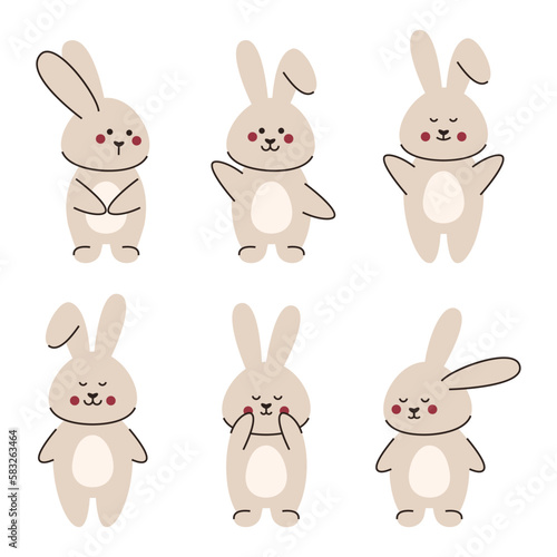 A set of cute grey rabbits. Cartoon animals with different emotions