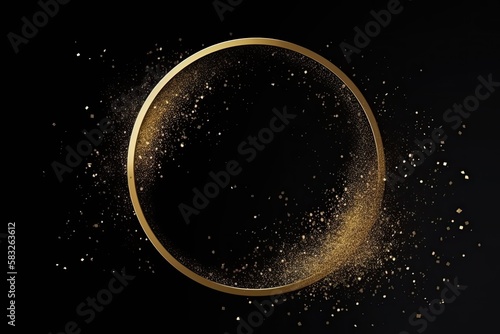 Watercolor abstract background, gold foil circle decorated with gold dust element on black backdrop. Generative AI. 
