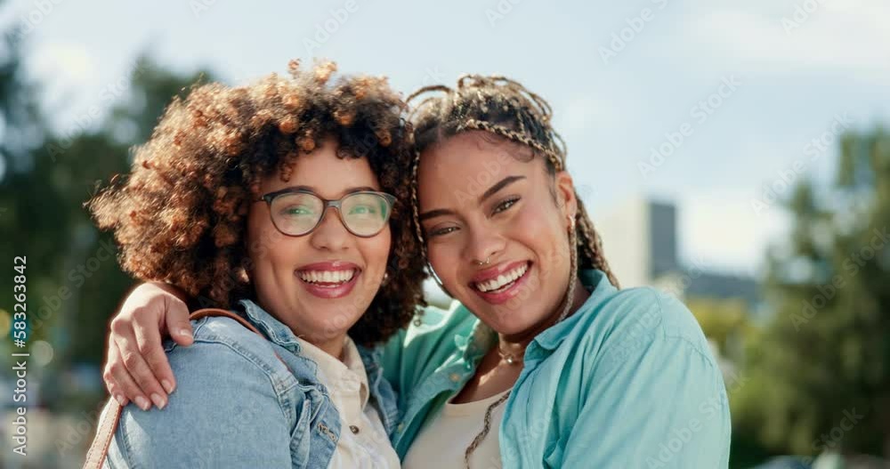 Friends, sisters and portrait of black women hugging outside with smile, happiness and solidarity in love and pride. Lesbian couple, woman and friend in happy embrace for support and trust together. Friends, sisters and portrait of black women hugging outside with smile, happiness and solidarity in love and pride. Lesbian couple, woman and friend in happy embrace for support and trust together.