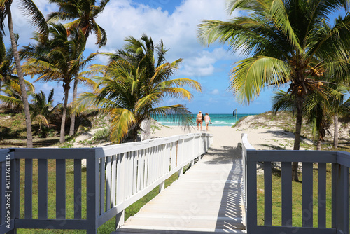 Fototapeta Naklejka Na Ścianę i Meble -  Picturesque view to tropical beach with white sand and coconut palm trees. Wooden path to ocean coast, tourist resort on Caribbean island
