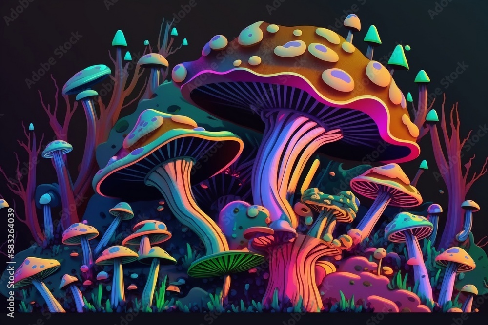 psychedelic mushrooms in a patch in a field of black, colorful