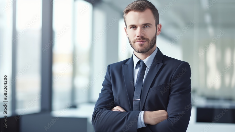 Powerful Presence: Successful Businessman in Bright, Modern Workspace. Generative AI. Powerful Presence: Successful Businessman in Bright, Modern Workspace. Generative AI.