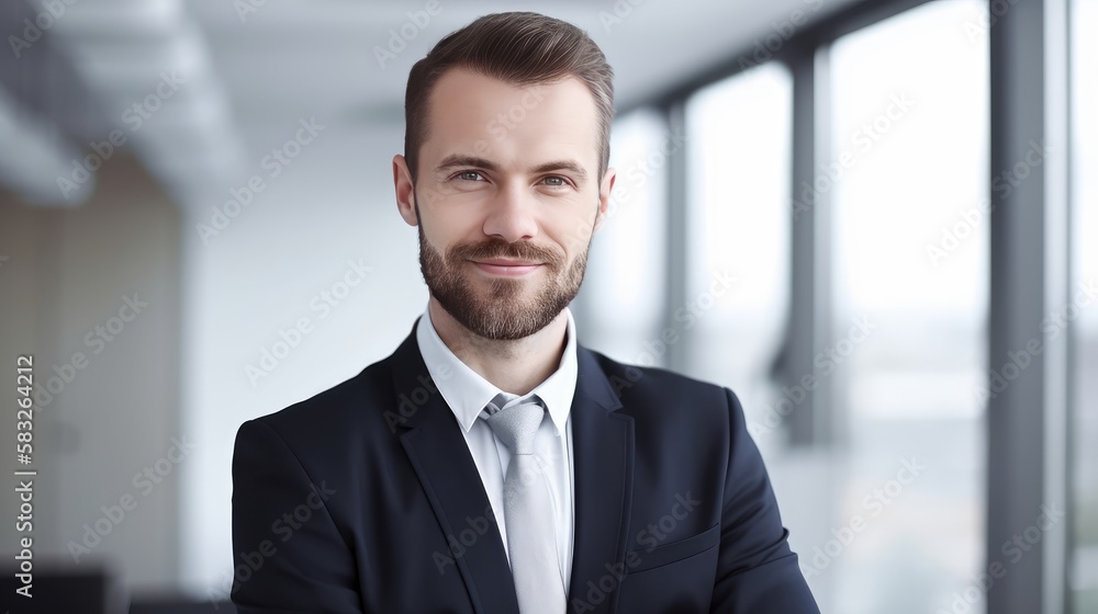 Powerful Presence: Successful Businessman in Bright, Modern Workspace. Generative AI. Powerful Presence: Successful Businessman in Bright, Modern Workspace. Generative AI.