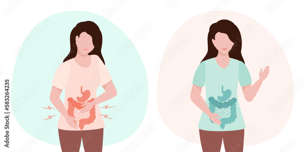 Woman with belly pain and gut healing, how to improve your digestion and maintain healthy guts. Digestive internal organ.Vector illustration. Internal organs design element. Woman with belly pain and gut healing, how to improve your digestion and maintain healthy guts. Digestive internal organ.Vector illustration. Internal organs design element.