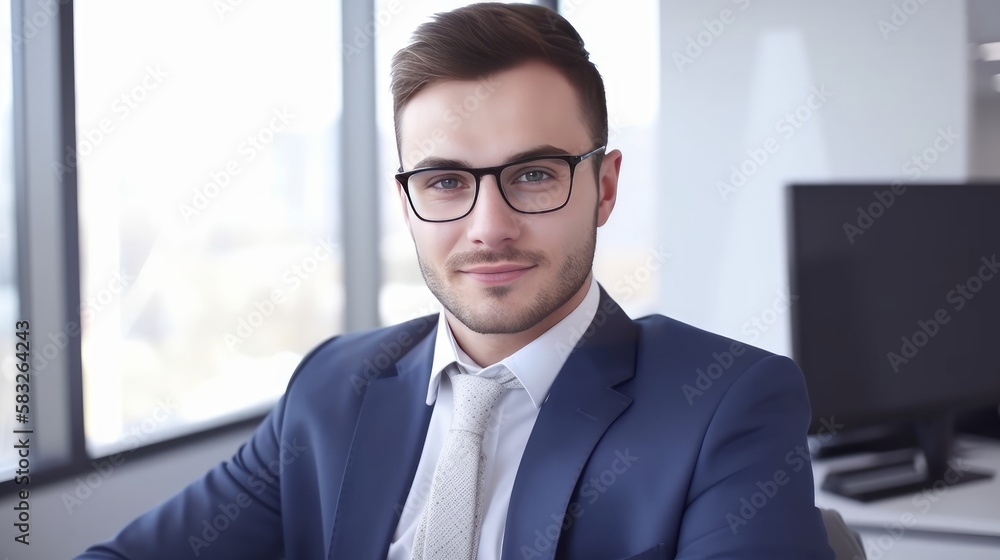 Powerful Presence: Successful Businessman in Bright, Modern Workspace. Generative AI. Powerful Presence: Successful Businessman in Bright, Modern Workspace. Generative AI.