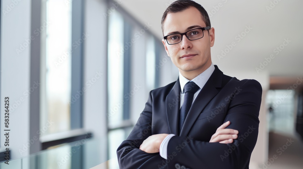 Powerful Presence: Successful Businessman in Bright, Modern Workspace. Generative AI. Powerful Presence: Successful Businessman in Bright, Modern Workspace. Generative AI.