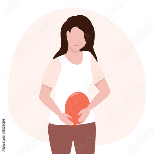 Woman hurts stomach and intestines. Suffering from abdominal bloating. Healthcare and medicine concept. Vector illustration.