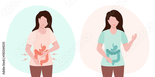 Woman with belly pain and gut healing, how to improve your digestion and maintain healthy guts. Digestive internal organ.Vector illustration. Internal organs design element.