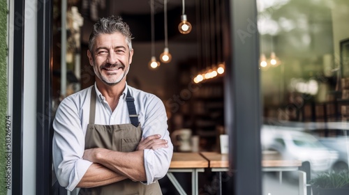 Entrepreneurial spirit: Small business owner stands confidently at cafe entrance. Generative AI.