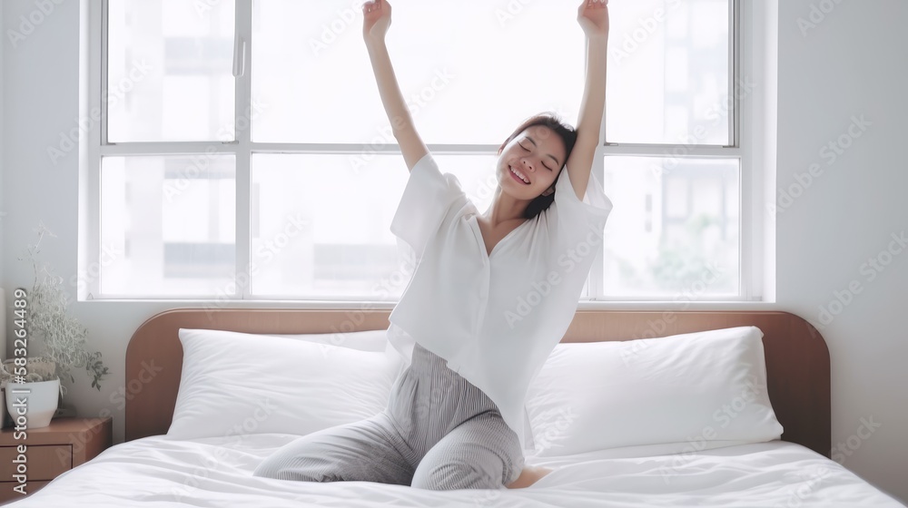Happy Morning Routine: Woman Stretching and Smiling on Bed. Generative AI. Happy Morning Routine: Woman Stretching and Smiling on Bed. Generative AI.