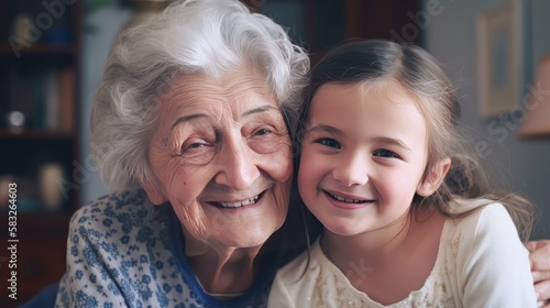 Grandma's Little Angel: Happy Granddaughter Shares a Laugh with her Grandmother at Home. Generative AI.