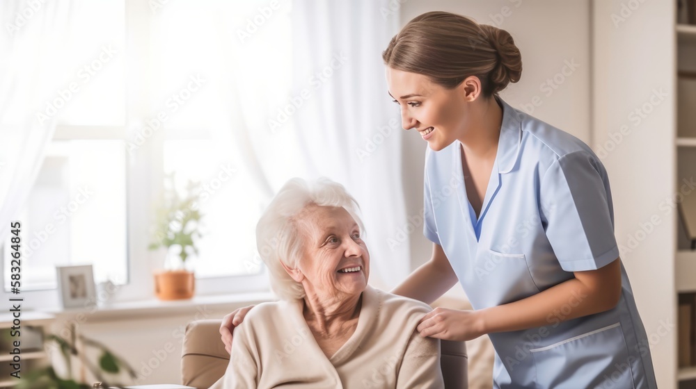 Obraz premium Senior Support System: A Caregiver Helps a Woman at Home. Generative AI.