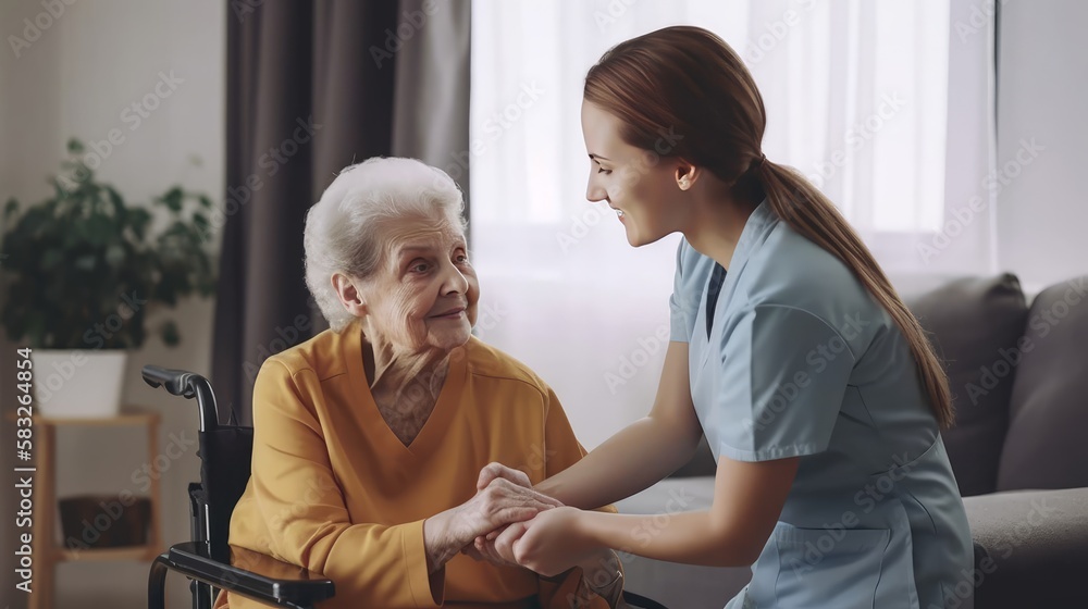 Fototapeta premium Senior Support System: A Caregiver Helps a Woman at Home. Generative AI.