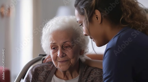 Senior Support System: A Caregiver Helps a Woman at Home. Generative AI. photo