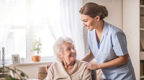 Senior Support System: A Caregiver Helps a Woman at Home. Generative AI.