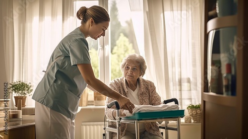 Senior Support System: A Caregiver Helps a Woman at Home. Generative AI.