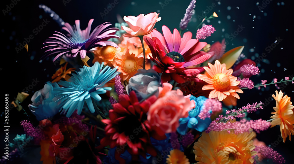 Colorful beautiful bright bouquet of flowers on a black background. Generative AI Colorful beautiful bright bouquet of flowers on a black background. Generative AI