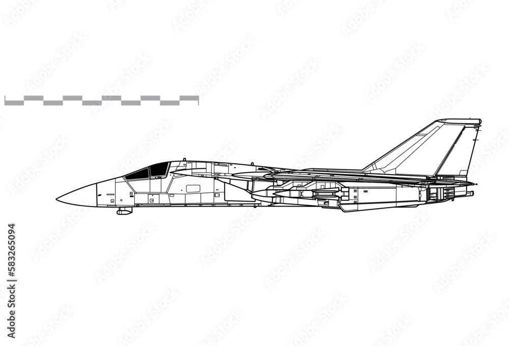 General Dynamics, Grumman F-111B with AIM-54 Phoenix missile. Vector drawing of carrier based interceptor aircraft. Side view. Image for illustration and infographics. General Dynamics, Grumman F-111B with AIM-54 Phoenix missile. Vector drawing of carrier based interceptor aircraft. Side view. Image for illustration and infographics.