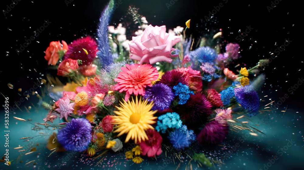 Colorful beautiful bright bouquet of flowers on a black background. Generative AI