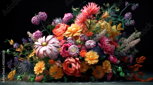 Colorful beautiful bright bouquet of flowers on a black background. Generative AI © keks20034