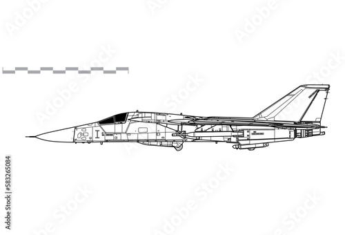 General Dynamics F-111F Aardvark with GBU-28 laser guided bunker busting bomb. Vector drawing of tactical attack aircraft. Side view. Image for illustration and infographics.