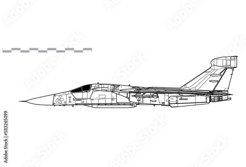 General Dynamics, Grumman EF-111A Raven. Vector drawing of reconnaissance and electronic warfare aircraft. Side view. Image for illustration and infographics.