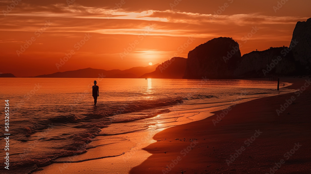 A person walking on a beach at sunset