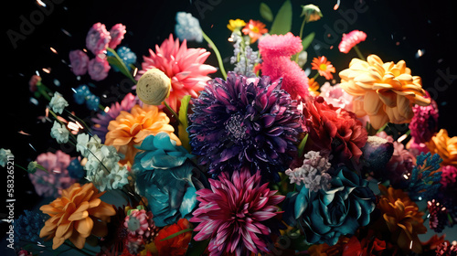 Colorful beautiful bright bouquet of flowers on a black background. Generative AI