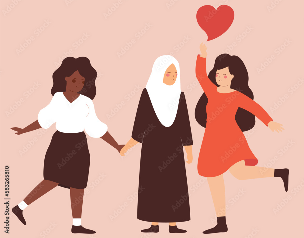 Happy women support each other with love. Three mothers from different ethnicities, religions and cultures stand side by side together. Concept of feminist movement, mother's day and Women's day. Happy women support each other with love. Three mothers from different ethnicities, religions and cultures stand side by side together. Concept of feminist movement, mother's day and Women's day.