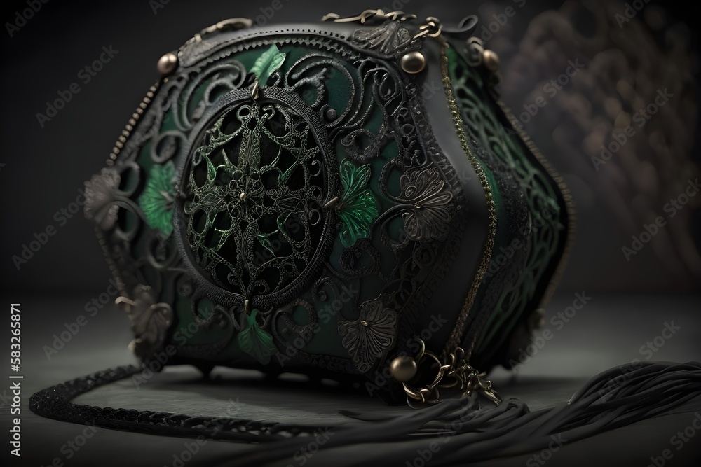 Obraz premium portrait shot of a gothic handbag, green and black, decorated with Gothic lace and a precious stone, fantasy, generated in AI