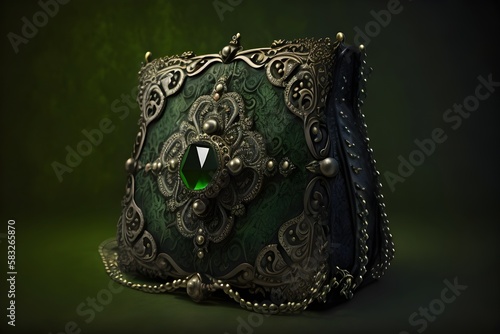 portrait shot of a gothic handbag, green and black, decorated with Gothic lace and a precious stone, fantasy, generated in AI