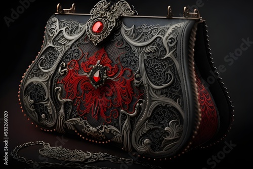 portrait shot of a gothic handbag  red and black  decorated with Gothic lace and a gemstone  fantasy  generated in AI