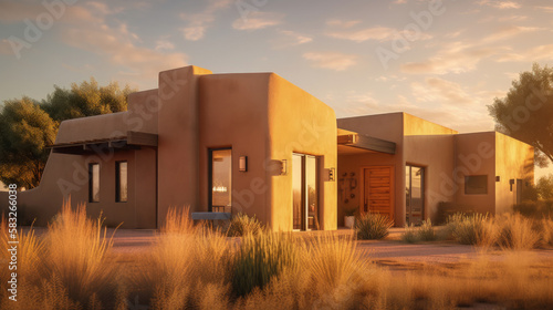 A modern adobe home in New Mexico at sunset by generative AI