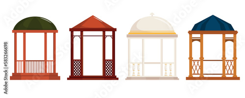Set of summer open wood arbors isolated on a white background. Vector illustrations of different types and shapes of elegant pavilions for summer holidays.