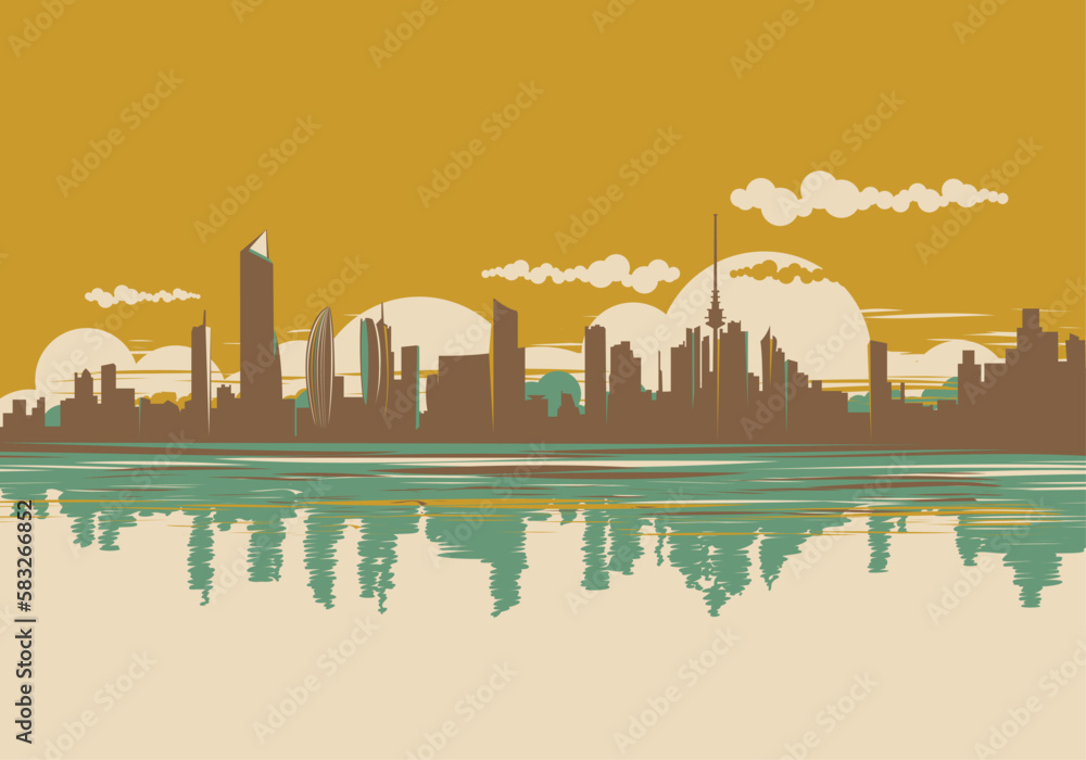 Modern Horizontal Panoramic Kuwait Skyline In Vintage Retro Poster Colors