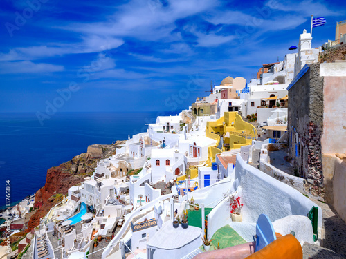 Classic Architecture with Caldera View,Homes built on the Hill around the Caldera Crater with Views over Augean Sea,.Santorini , Oia,Greece,Europe..Aegean Sea,Mediterranean