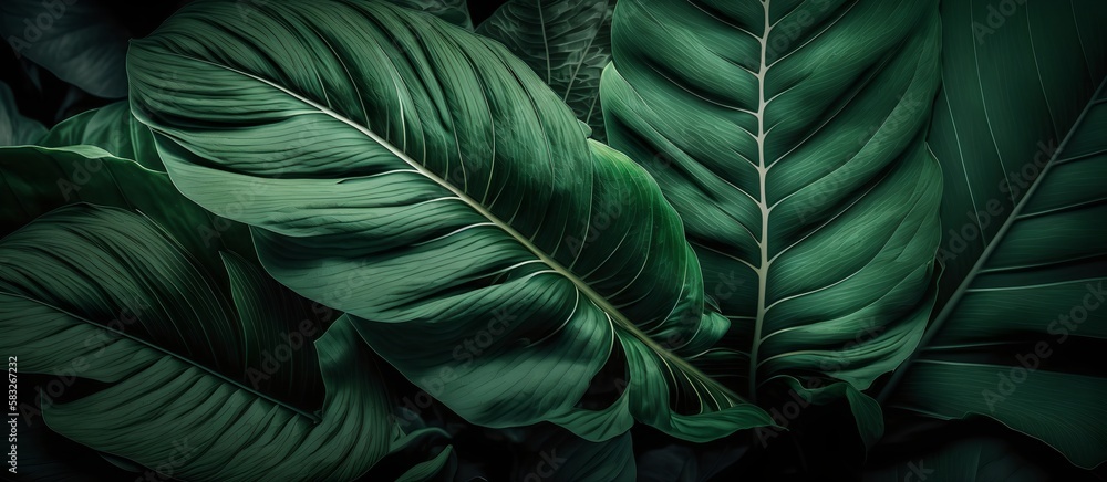 Background of tropical leaves, lush green jungle thickets, generative ai illustration Background of tropical leaves, lush green jungle thickets, generative ai illustration