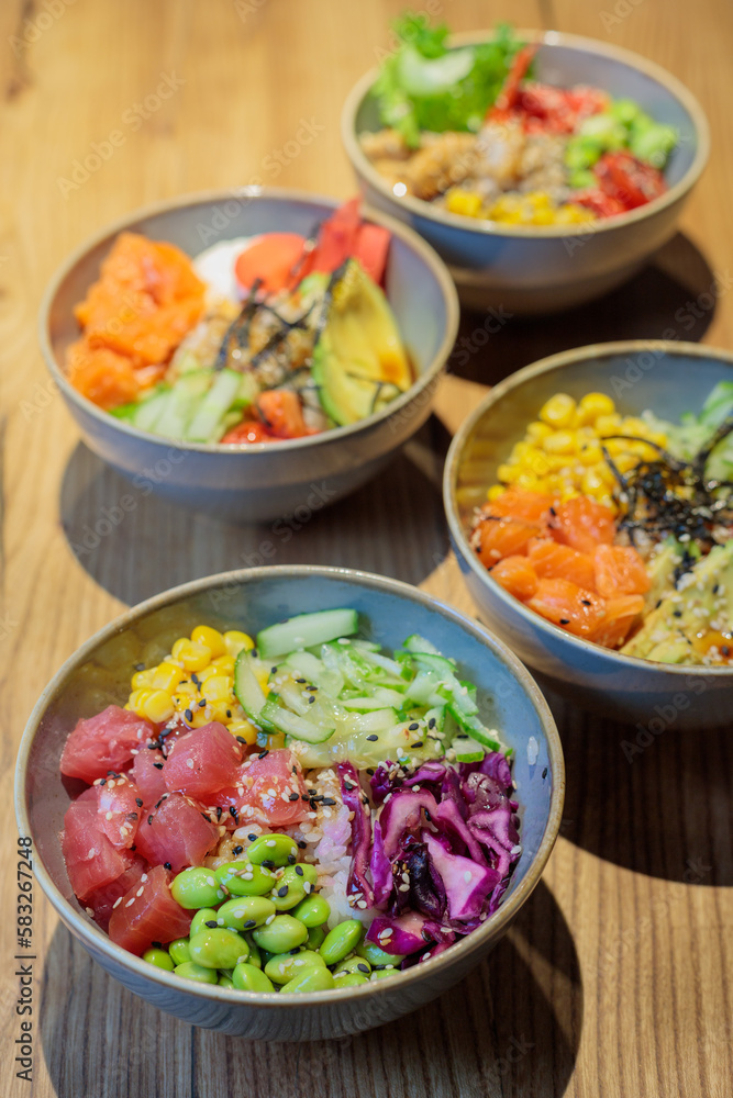 Bowls on the kitchen counter. Food court. Sets, ready-made salads. selective focus Bowls on the kitchen counter. Food court. Sets, ready-made salads. selective focus