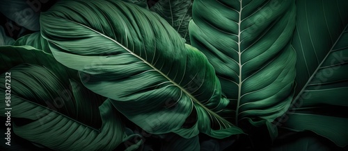 Background of tropical leaves  lush green jungle thickets  generative ai illustration